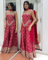 Red Chinon Silk Thread Work Palazo-Top With Dupatta